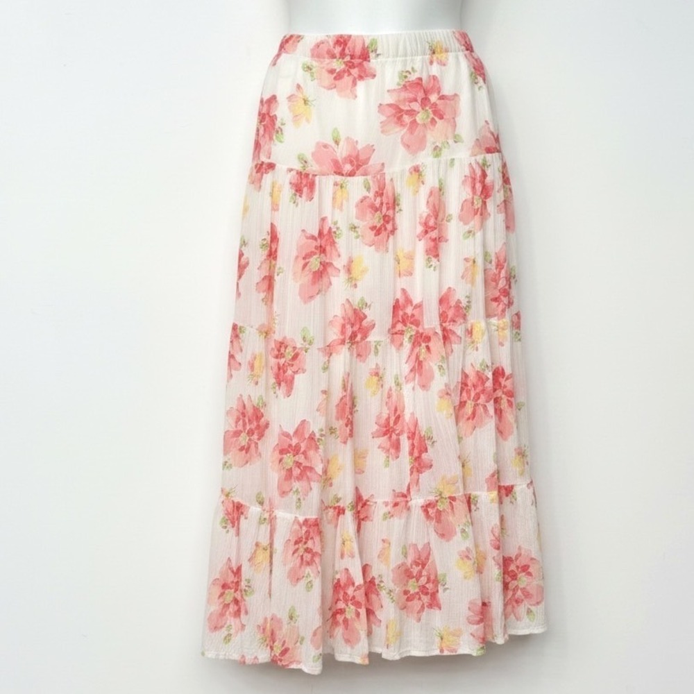100% Cotton Floral Peasant Tiered Maxi Skirt Med Pink Boho Cottagecore Prairie